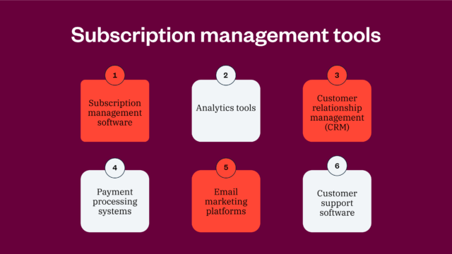 Infographic titled "Subscription Management Tools" highlights six tools: Subscription management software, Analytics tools, CRM, Payment processing systems, Email marketing platforms, and Customer support software.