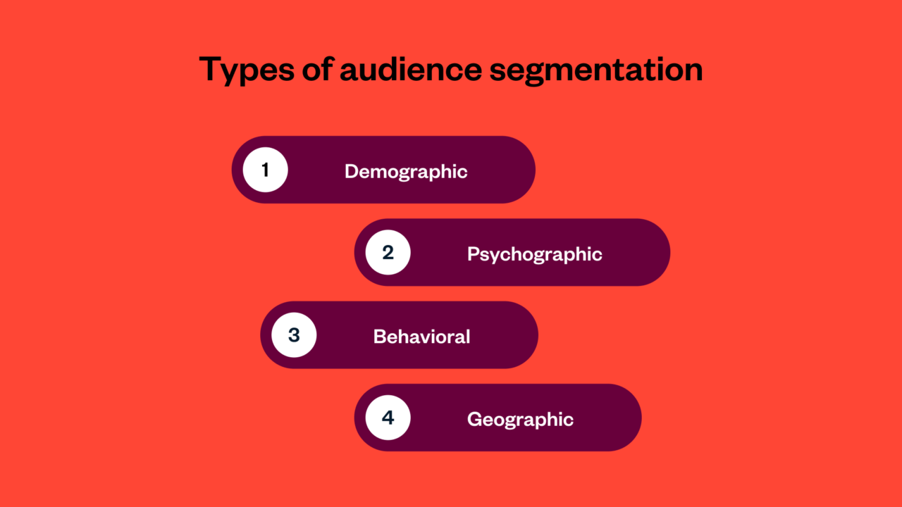 Diagram titled "Types of audience segmentation" lists four categories: Demographic, Psychographic, Behavioral, and Geographic.