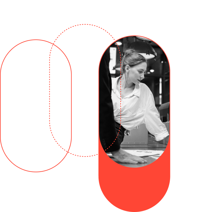 A woman in a white shirt leaning on a counter in a black and white image with a red abstract design representing consumption metering for engineers overlapping on the right.