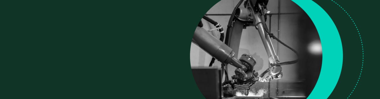 Black and white image of a robotic arm performing a task. Green circular design element partially overlays the right side of the image. The background is dark green.