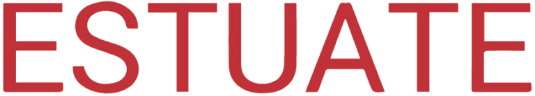 The image shows the word "ESTUATE" written in red, capitalized letters on a white background.