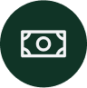 Icon representing a banknote, with a currency symbol in the center, set against a dark green circular background.