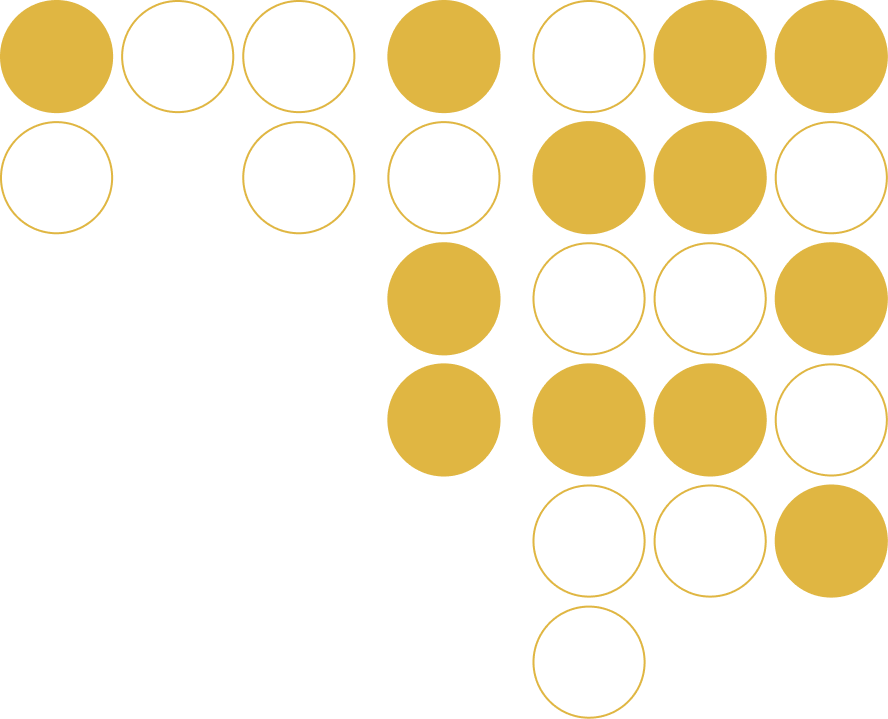 Abstract art of multiple layered gold circles of various sizes on a black background forming a wave pattern.