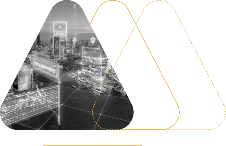 Black and white aerial view of a cityscape with overlaid digital icons and graphs, accompanied by abstract yellow line graphs on a transparent background.