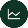 A white line graph icon with irregular fluctuations on a dark green circular background.