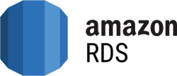 The image shows the Amazon RDS logo, featuring a blue, cylindrical hexagonal shape with the words "amazon RDS" in black text to the right.