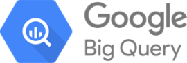 Google BigQuery logo with a hexagonal blue icon featuring a magnifying glass over a bar graph, followed by the text "Google BigQuery" in gray.