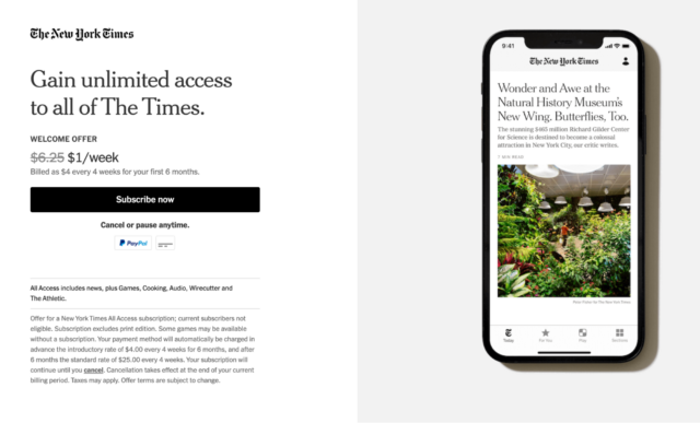 An image of a New York Times subscription offer with reduced pricing and payment options, displayed next to a smartphone showing a New York Times article on the Natural History Museum's new wing.