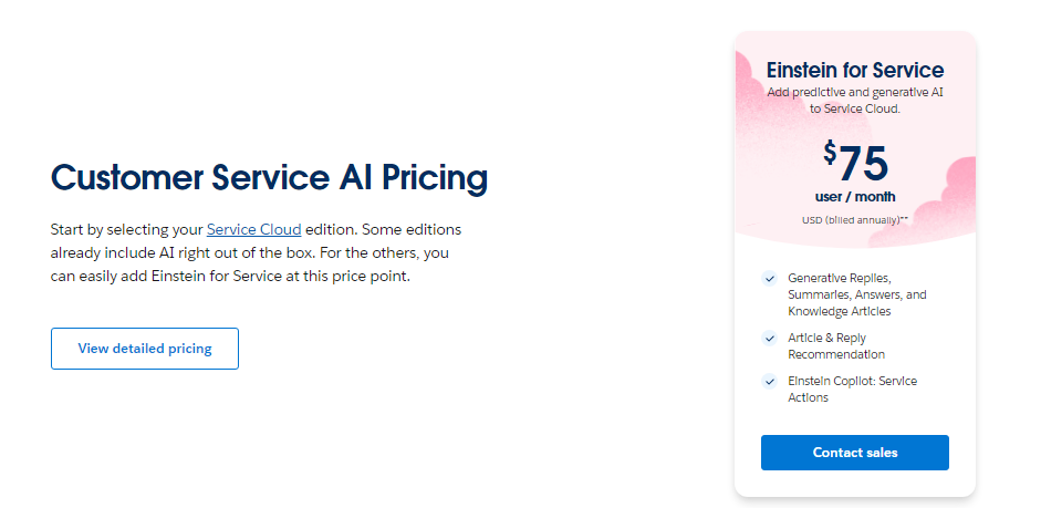 Screenshot of a webpage featuring information on "Customer Service AI Pricing" with options starting at $75 per month, and a "View detailed pricing" button.