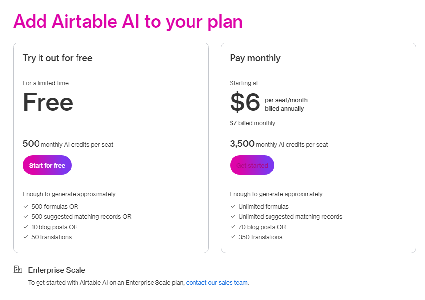 Two subscription plan options for Airtable AI: a free trial with limited features and a monthly payment plan priced at $67 with additional benefits.