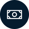 Icon of a banknote outlined in white on a dark circular background.
