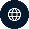 An icon of a globe with latitude and longitude lines inside a dark blue circle.