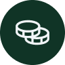 Icon of two stacked coins inside a dark green circle.