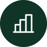 Icon depicting a bar chart with three ascending bars inside a dark green circle.