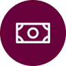 Icon of banknotes in white against a maroon circular background.