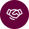 Icon of two hands shaking on a maroon circular background.