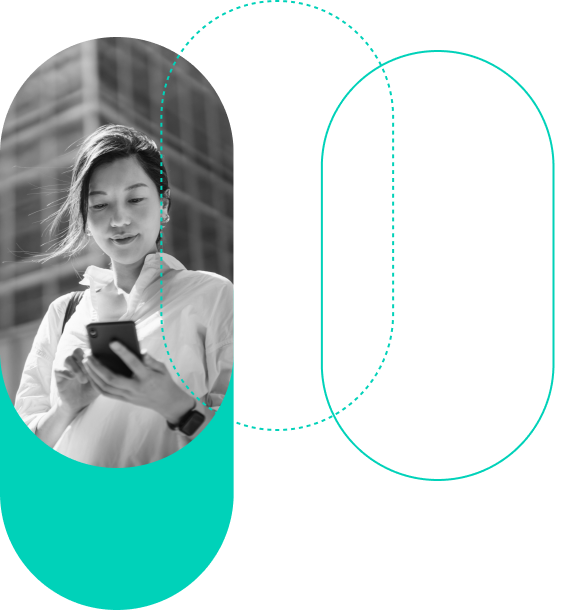 A woman looks at her smartphone, exploring monetization solutions against an urban backdrop. The image is framed by two overlapping turquoise outlined shapes.