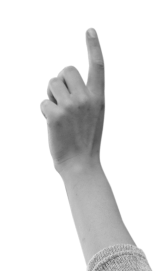 A left hand with index finger pointing upwards. The background is plain and the image is in black and white.