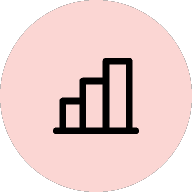 Icon of a bar graph with three ascending bars inside a pink circle.