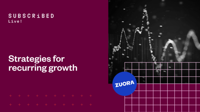 Subscribed Live! event promotional image with the text "Strategies for recurring growth" and a small Zuora logo. The image features a dark background with abstract data visualization graphics.