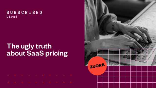 Person typing on a laptop with a presentation slide that reads "The ugly truth about SaaS pricing" and a logo with the word "ZUORA".