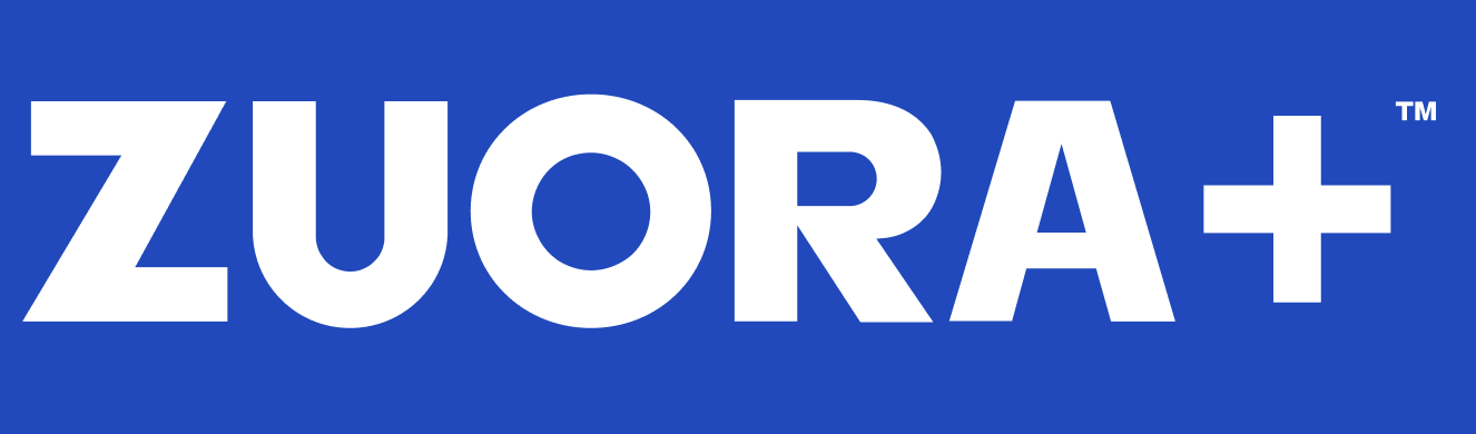 Blue logo featuring the word "ZUORA" in white, followed by a plus sign, also in white, against a solid blue background.