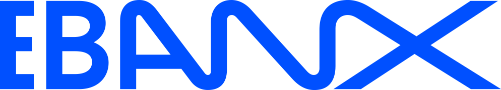 Blue "EBANX" logo in bold, stylized font with a wave design in the center.