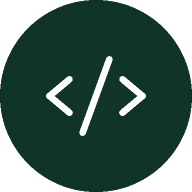 A dark green circle with a white forward slash inside two angle brackets, representing a code or programming icon.