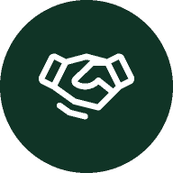 Icon of a handshake in white on a dark green circular background.