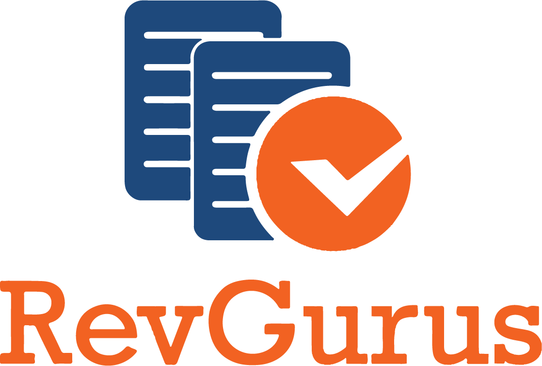 RevGurus logo with blue documents and an orange check mark.