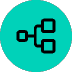 A teal circle contains a black network icon with three squares and connecting lines, resembling a flowchart.