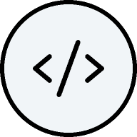 A black icon of a forward slash and backslash between angle brackets, representing code or coding, on a light grey circular background.