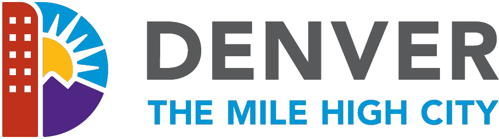 Logo of Denver with a stylized mountain, sun, and building icon, accompanied by the text "DENVER THE MILE HIGH CITY.