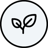 A black and white icon of a plant with two leaves inside a light grey circle.