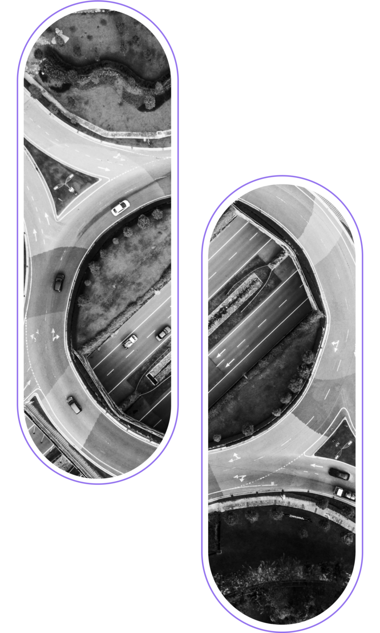 Black and white aerial shots of highways in circular and rectangular frames, showing a variety of cars on multi-lane roads and complex interchange structures.