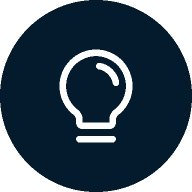 A simple, white light bulb icon is centered on a dark blue circular background.