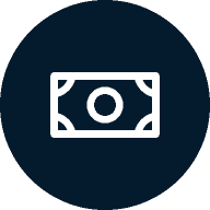 Icon of a white banknote on a dark blue circular background.