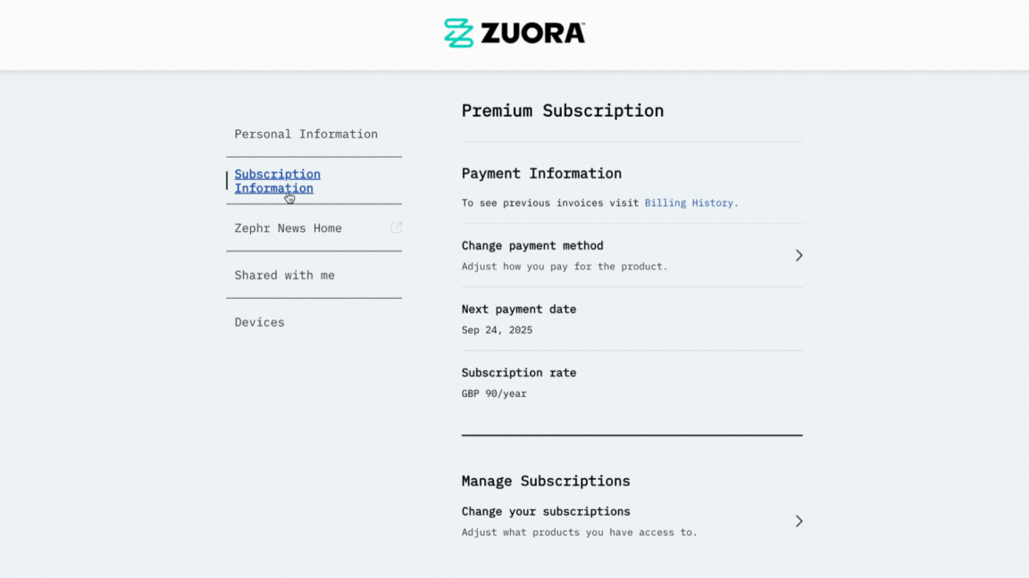 Zuora subscription page showing payment information including amount, next payment date, and subscription rate. Options to change payment method and manage subscriptions are available.