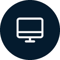 Icon of a computer monitor in white on a dark blue circular background.