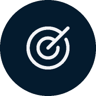 A white target icon with two concentric circles and an arrow pointing to the center, on a dark blue circular background.