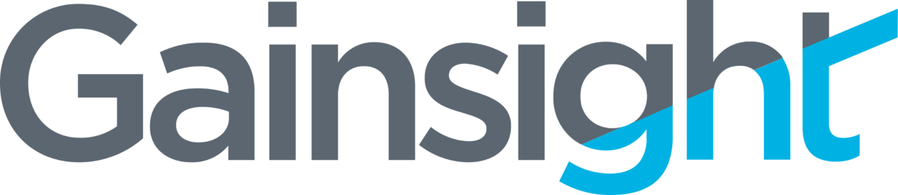 Logo of Gainsight with the word "Gainsight" in gray and light blue, featuring a light blue diagonal line cutting through the letter "t".