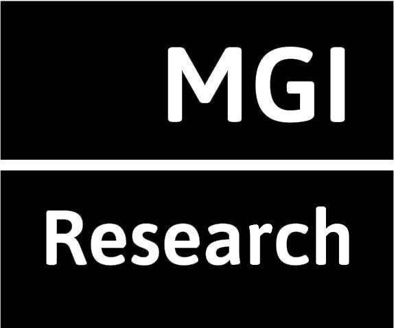 MGI Research logo with white text on a black background, featuring "MGI" above a horizontal line and "Research" below.