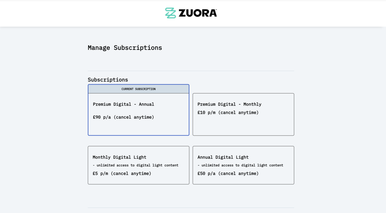 Subscription management page showing pricing options for Premium and Digital Light plans with annual and monthly rates.