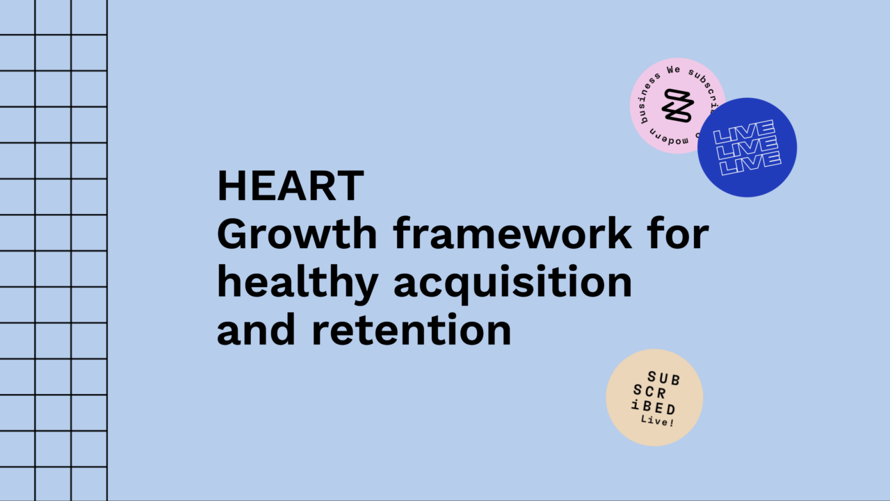 A blue graphic with text: "HEART Growth framework for healthy acquisition and retention" surrounded by circular stickers with logos and phrases.