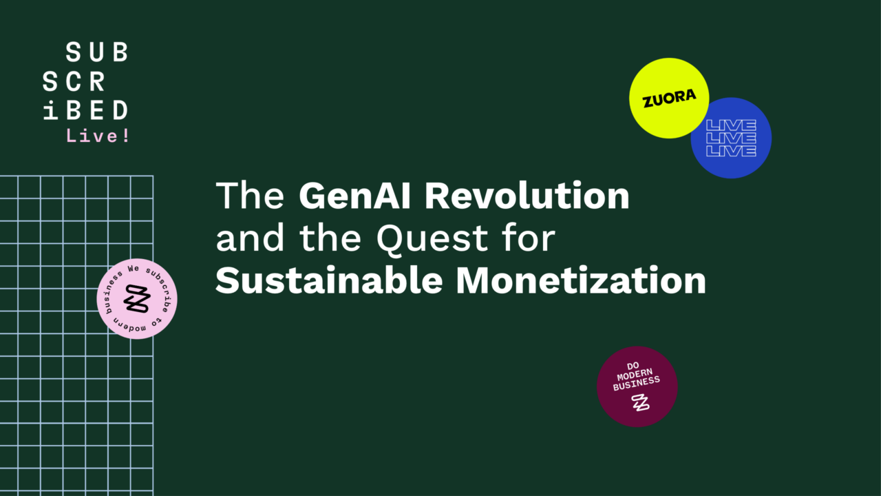 The image features text: "The GenAI Revolution and the Quest for Sustainable Monetization," with logos and colorful circular decals, set on a dark green background.