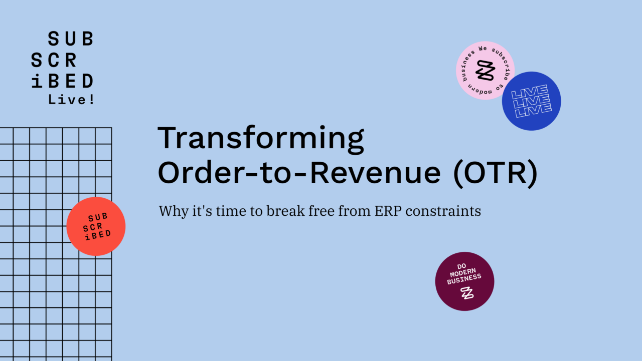 Event poster titled "Transforming Order-to-Revenue (OTR)" with grid design and colorful circular graphics on a blue background.