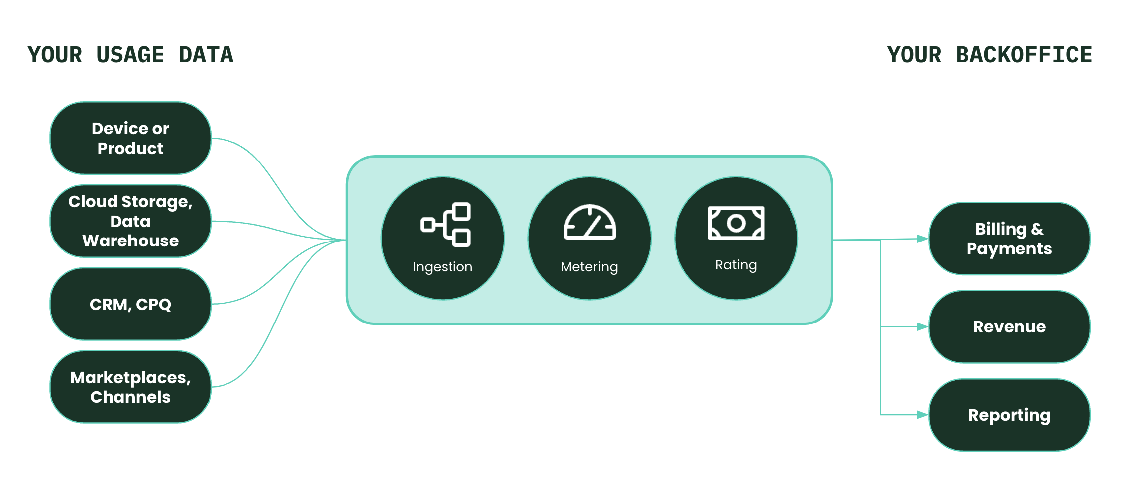 Diagram of data flow from usage sources (device, storage, CRM) through processes (ingestion, metering, rating) to backoffice tasks (billing, revenue, reporting).