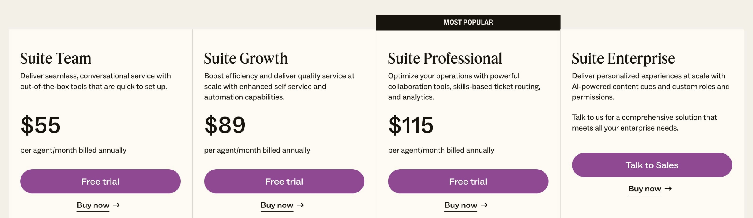 Image of a pricing table for four service plans: Suite Team ($55), Suite Growth ($89), Suite Professional ($115 - most popular), and Suite Enterprise. Each plan includes a free trial or purchase option.