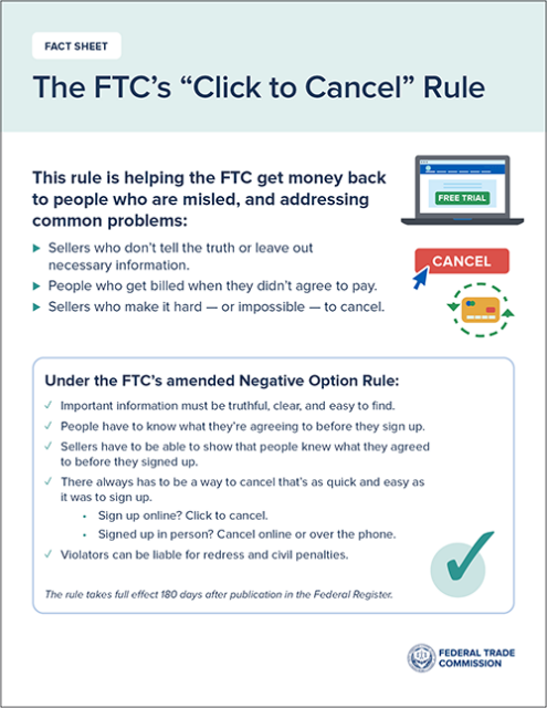 Fact sheet about the FTC's "Click to Cancel" rule, detailing how it helps consumers cancel subscriptions and requiring sellers to make cancellation as easy as signing up.