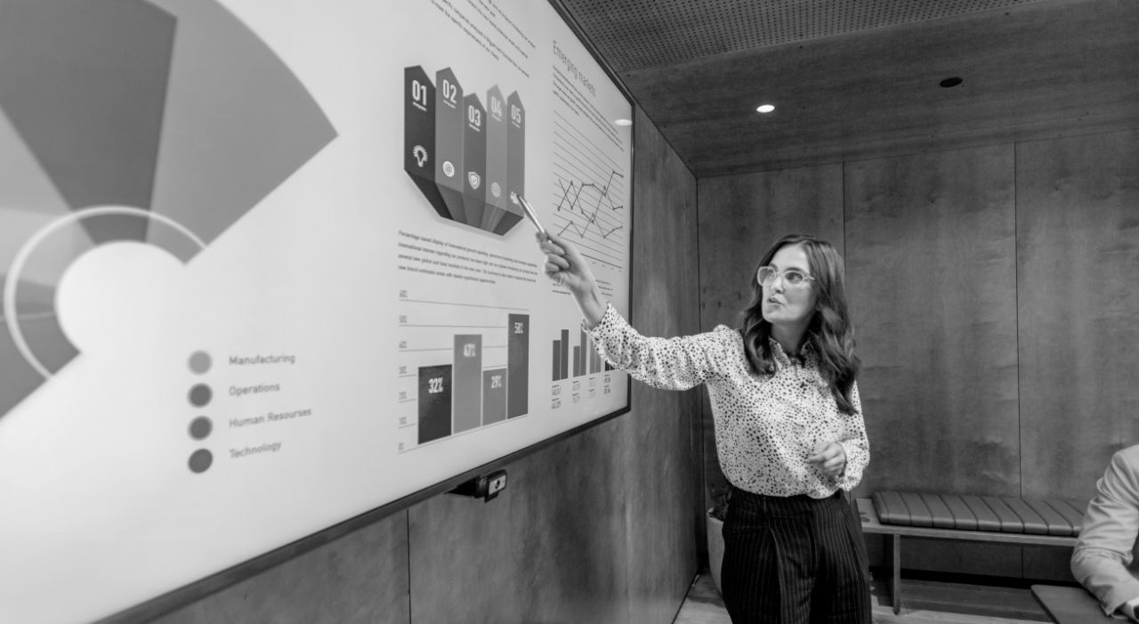 A woman in an office setting points at a large screen displaying charts and graphs.